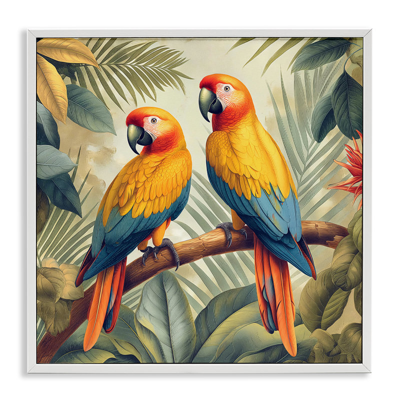 Duo de perroquets sur une branche, estampe numérique par Steve Hunziker, Estampe numérique encadrée blanc bord de mer