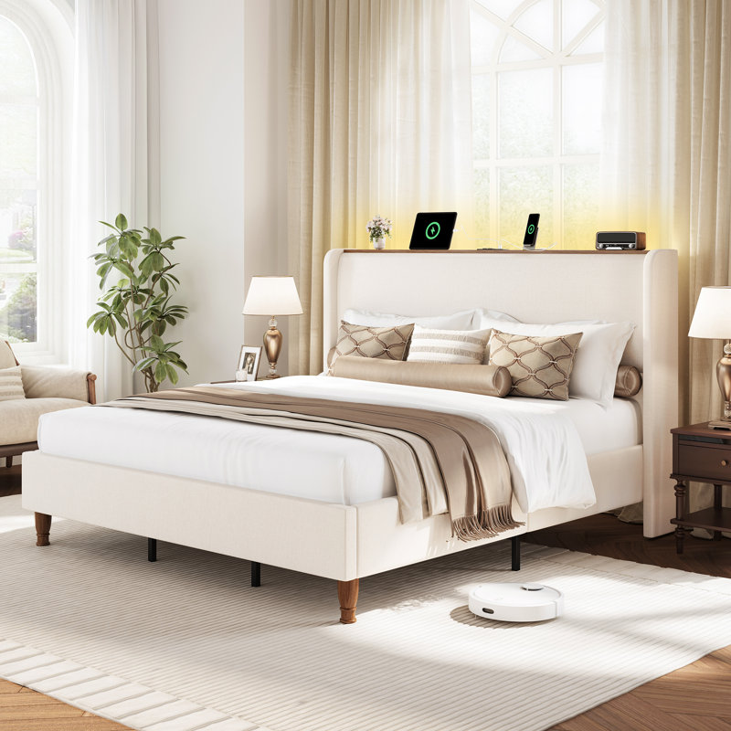 Lit plateforme tapissier avec lumières à DEL et station de charge, beige, Beige, Grand lit