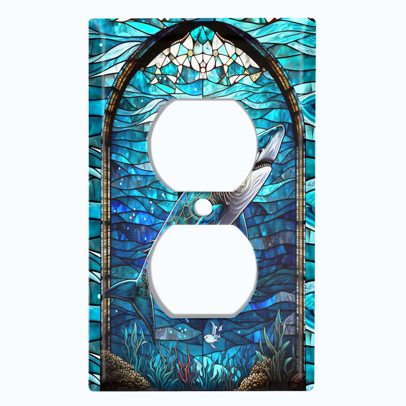 White Shark Blue Glass Art Print Copper Rust Patina Teal Print 1 - Gang Toggle Light Switch Standard Wall Plate