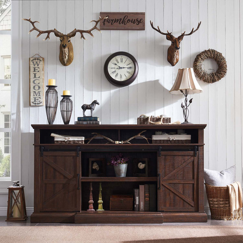 Meuble télé Farmhouse pour téléviseur de 80 po, meuble audio-vidéo de 38 po de hauteur avec armoires de rangement et porte de grange coulissante, meuble média