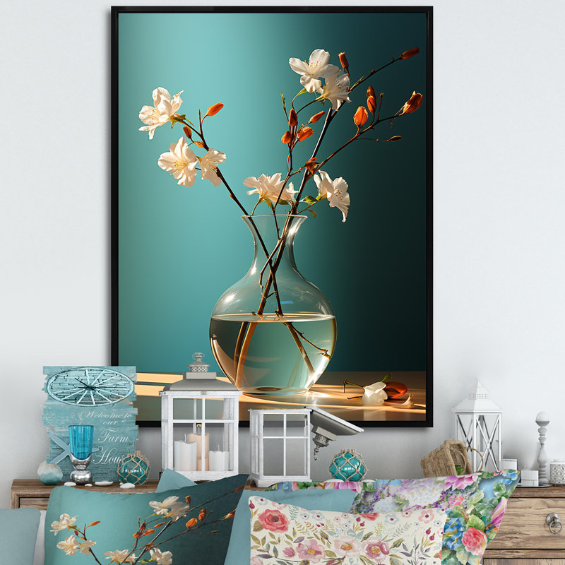 "Turquoise Flower Vase Tranquility I", reproduction d'art sur toile, H 32 po x l 16 po x P 1 po, Cadre flottant noir