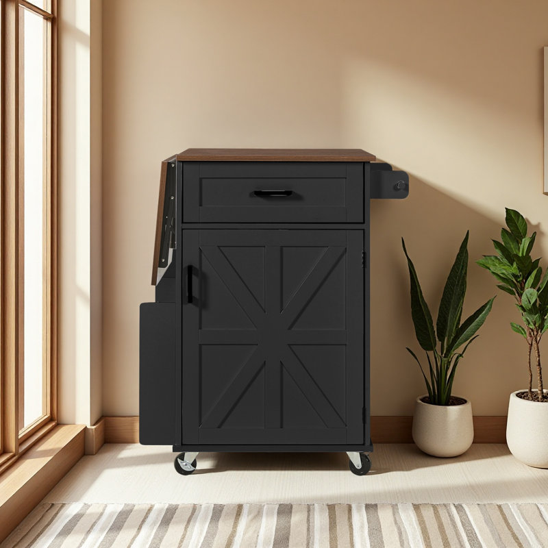 39.3" Farmhouse Kitchen Island With Drop Leaf, Kitchen Storage Island With Open Side Rack, One Drawer, Towel Rack, Black