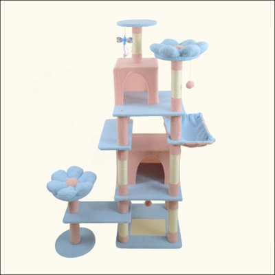 71 inch Blue Flower Cat Tree with Large Cat Condo Removable Flower Cushion Hammock Scratching Posts