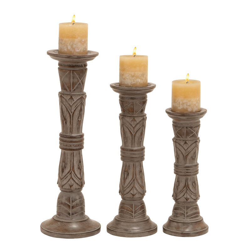Light Brown Mango Wood Pillar Candle Holders, Set of 3