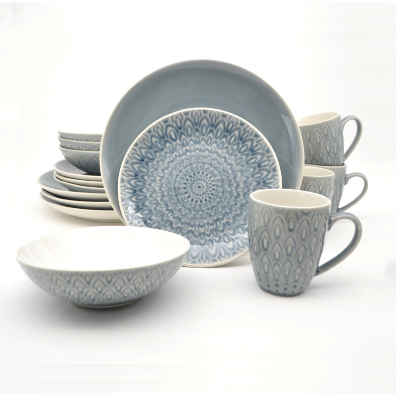 Peacock 16 Piece Dinnerware Set, Gray