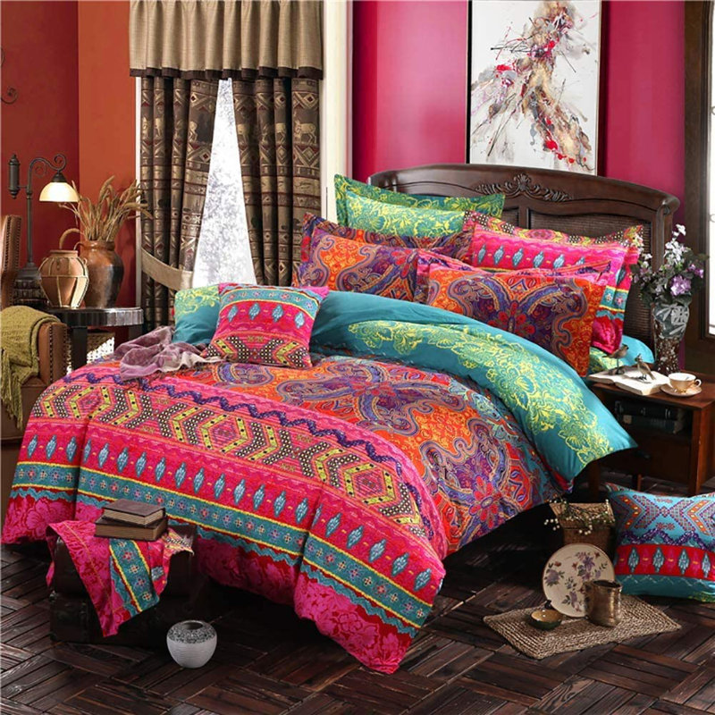 Ensemble de housse de couette US-MJH Nayoroom Boho Rose Red, Housse de couette de grande taille + 2 taies d'ore