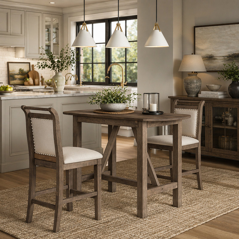 Ensemble de table de salle à manger à hauteur de comptoir en bois 3 pièces avec 2 chaises rembourrées pour petit espace, brun