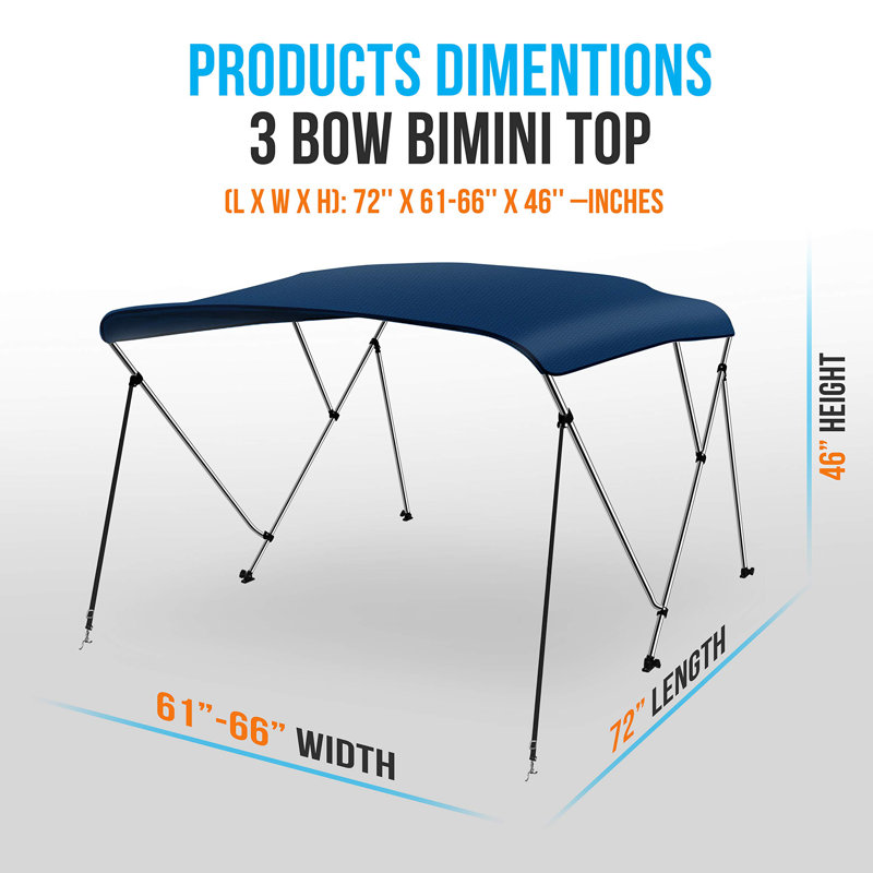 SereneLife Waterproof Boat Bimini Top Cover-61-66'W 3 Bow Bimini Top Canvas Sun Shade Boat Canopy 1' Double Wall Alu Frame Tube,2 Straps 2 Rear Support Poles,Storage Boot -SLBT3NAV612(Navy Blue)