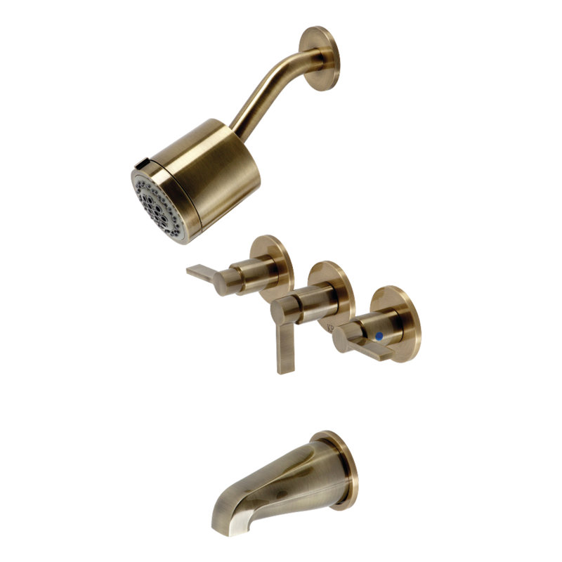 Kingston Brass NuvoFusion Triple-Handle Tub and Shower Faucet, Antique Brass