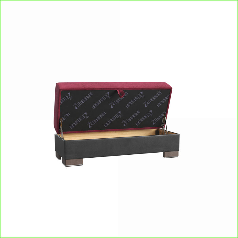 Repose-pieds moderne avec rangement, microfibre de polyuréthane rouge bourgogne / noir | Click-clack pour studio / dortoir / salon | Noyer brun | Bois