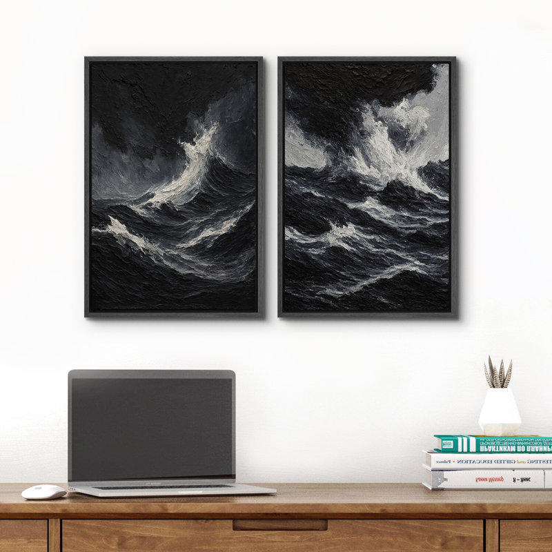 Plage, paysage mural, ensemble de 2 reproductions d'art sur toile encadrées, H 24 po x l 32 po, Noir