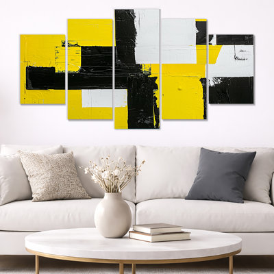 Geometric Pulse Of Yellow And Black Paint I - Abstract Geometric Wall Art Living Room 5 Panel