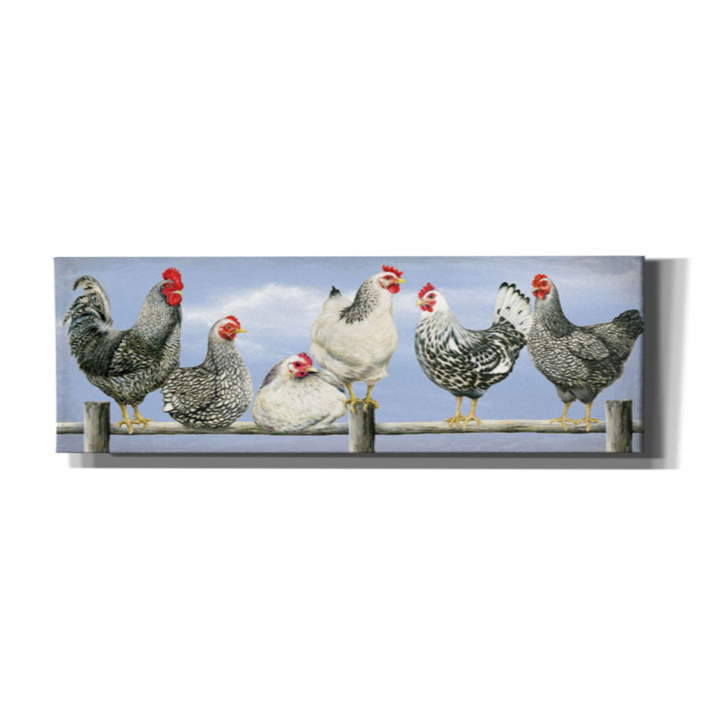 «Black & White Hens 2» par Janet Pidoux, art mural sur toile, H 20 po x l 60 po x P 1,5 po