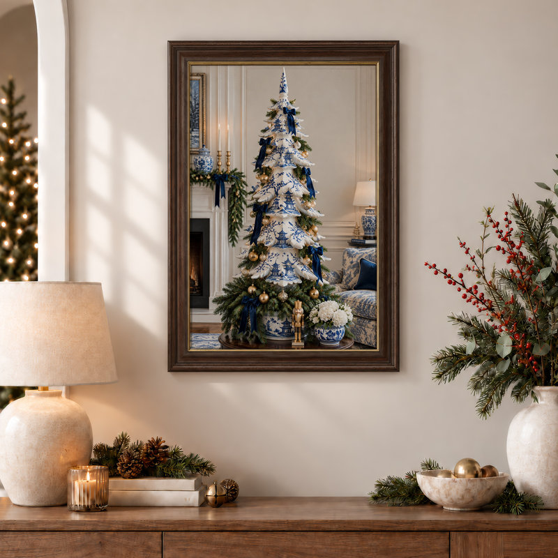 Blue and White Ceramic Tree with Greenery Christmas Canvas Wall Art, 18"H x 12"W