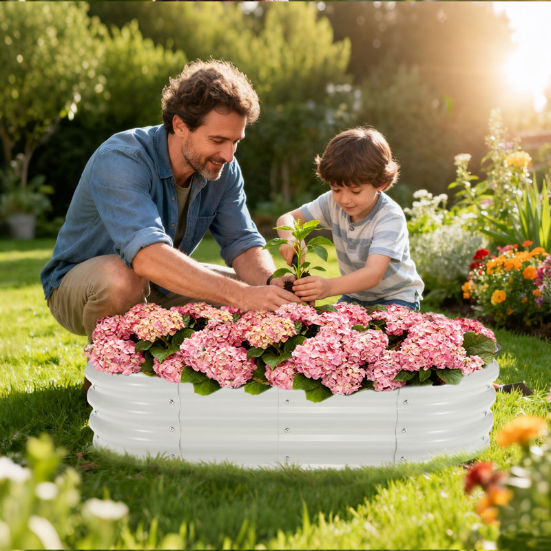  4x2x1ft Galvanized Raised Garden Bed Kit, Oval Metal Planter Box w/ Open Base for Flowers, Herbs,1pc,White, White