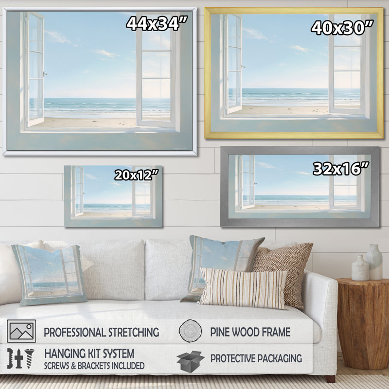 Coastal Windows Horizon II - Beach & Ocean Canvas Prints, H 16 po x l 32 po x P 1 po, Cadre simple noir