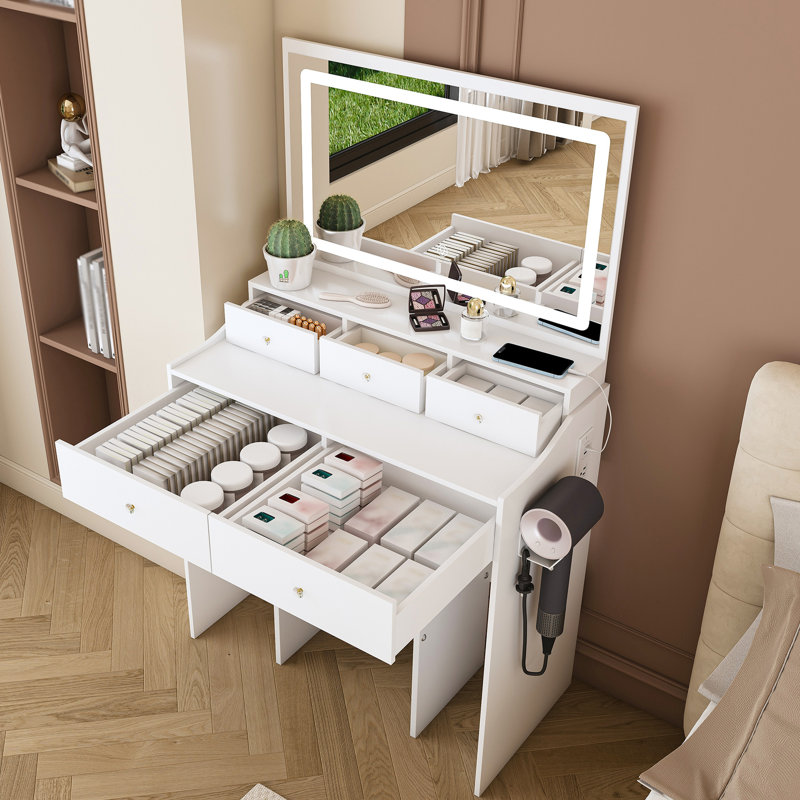 Nouveau grand bureau de meuble-lavabo à miroir pour chambre à coucher, ensemble de meuble-lavabo moderne avec prise de courant et support pour sèche-cheveux, 5 tiroirs, 3 coiffeuses réglables pour la chambre à coucher, couleur blanche