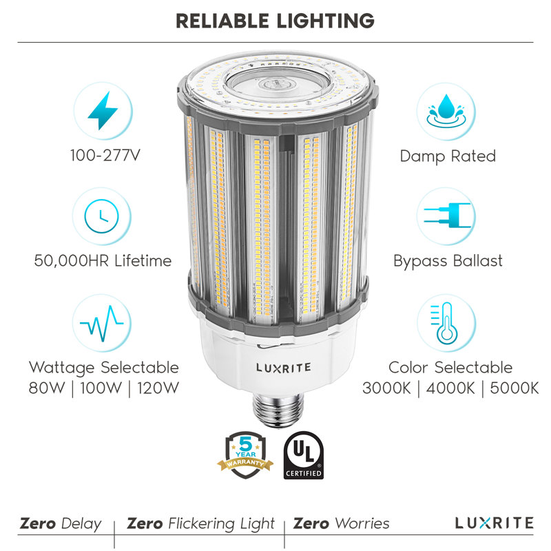 Ampoule DEL Luxrite 80W / 100W / 120W, équivalent 400W HID, 3 couleurs sélectionnables, jusqu'à 17500 lumens, base E39