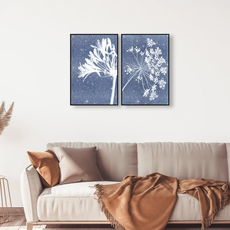 Cyan Flowers Set Set by Oliver Gal, 25"H x 37"W, Black Floater Frame