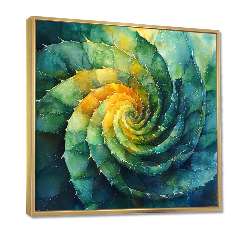 Géométrique, spirale, feuille d'aloès, plante grasse II, Impression encadrée flottante, H 16 po x l 16 po, Doré