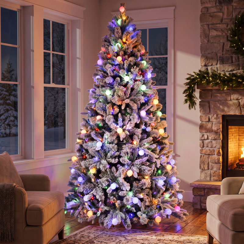 Arbre de Noël artificiel floqué pré-éclairé avec 10 modes d'éclairage, branches à mémoire de forme, interrupteur au pied