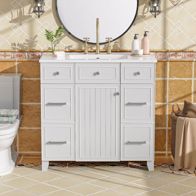 Meuble-lavabo de salle de bain avec lavabo en céramique, structure en bois massif, portes à fermeture en douceur, tablettes réglables, 3 tiroirs, tiroir double profondeur inclus