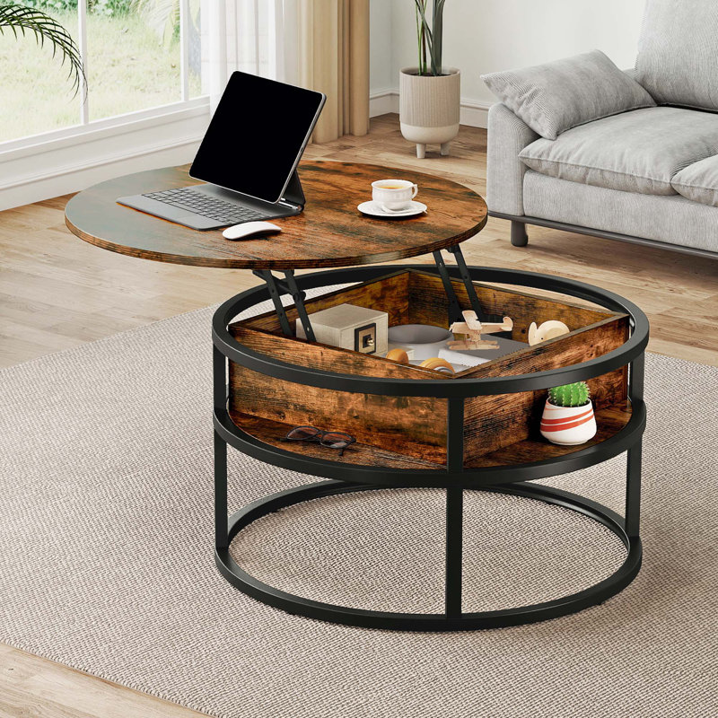 Rothwell Lift Top  Coffee Table ,Extendable Round Cocktail Table, 61.5cm H x 80cm W x 80cm D, White, Brown
