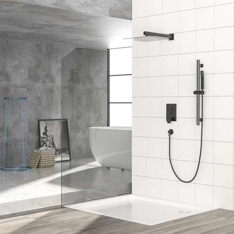 Douche carrée de 10 pouces en noir mat - fixée au mur avec barre coulissante réglable - valve équilibrée et tête de jeu