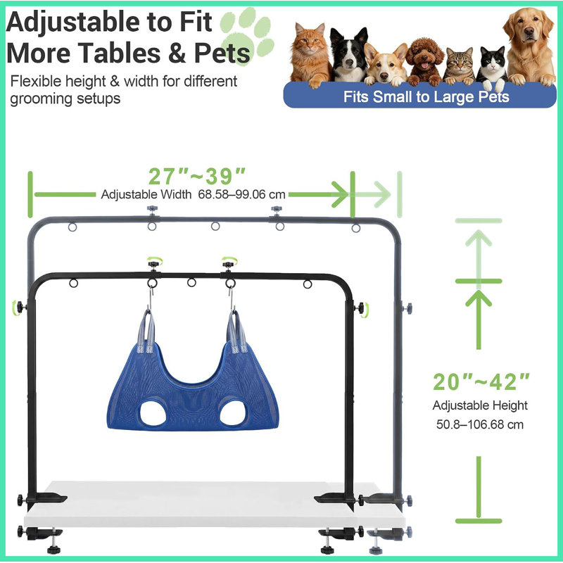 Accoudoir de table de toilettage pour chien, structure en H avec pinces doubles et largeur de hamac réglable