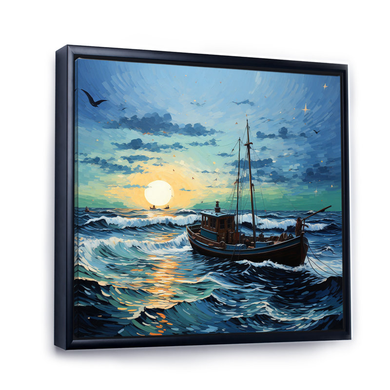 Vangogh paysage marin avec pêche II, Cadre flottant noir, H 36 po x l 36 po x P 1,5 po