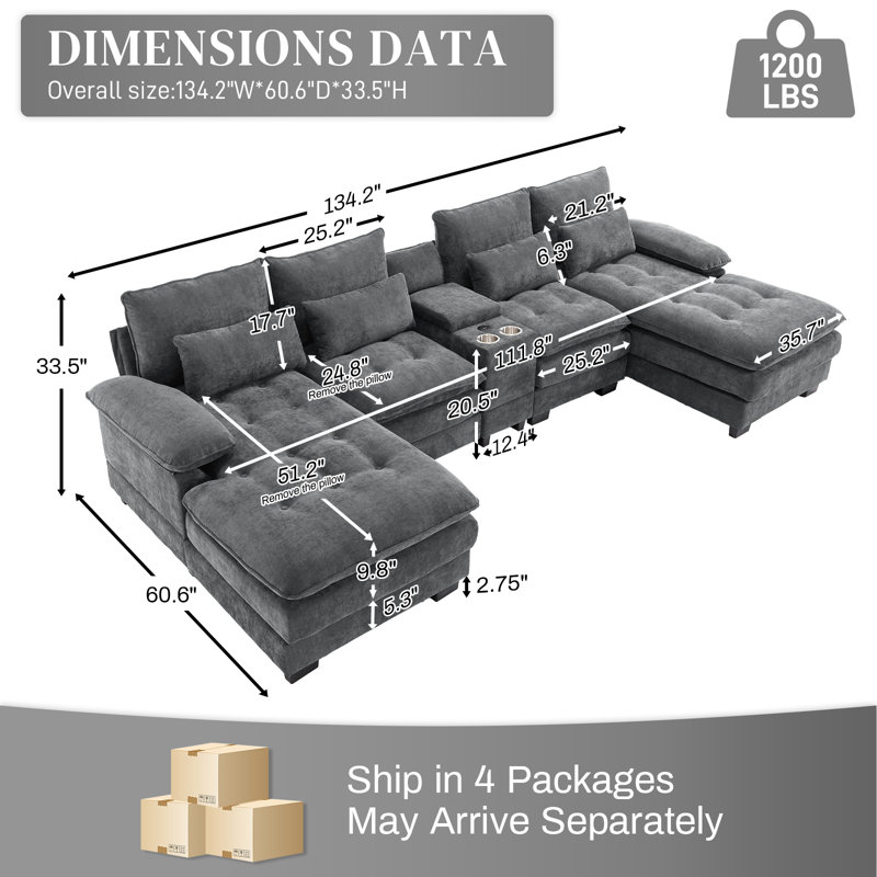 Oversized 134.2"W 4 Piece U-Shape Sectional with Console & Cup Holders, Gray