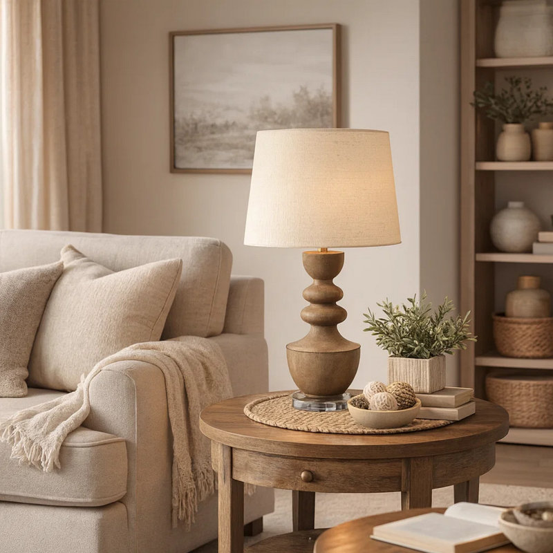 Lampe de table Dany, corps sculpté en résine brune, abat-jour en lin beige, acrylique transparent, Brun