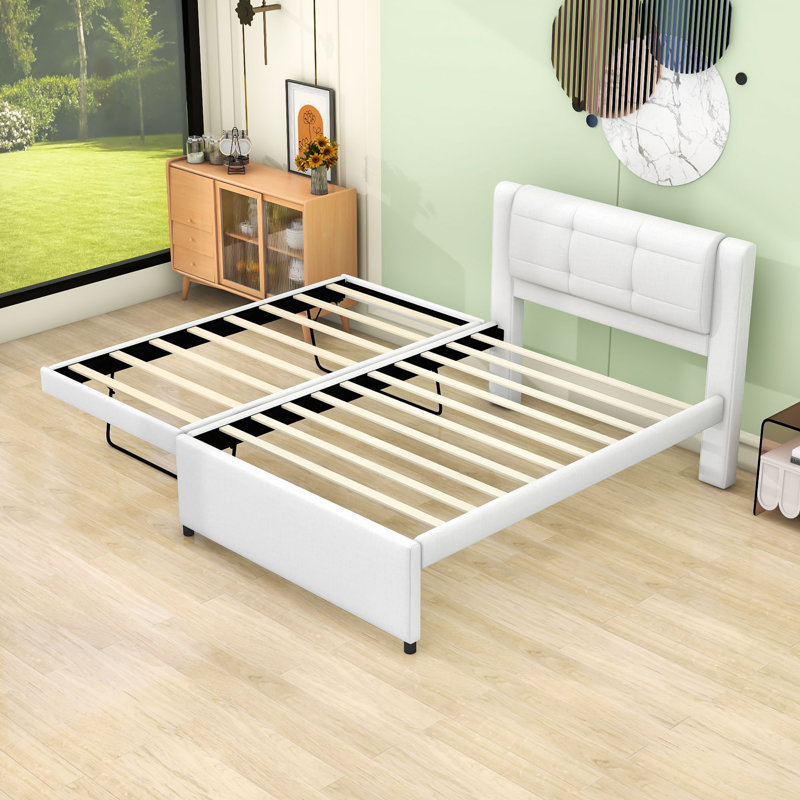 Lit plateforme double tapissier avec lit gigogne multifonctionnel, Beige