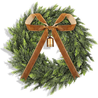 Christmas Cedar Wreath - Real Touch Artificial Pine And Cypress Wreath With Vintage Bow For Front Door, Window, Wall, Indoor Or Outdoor Holiday Decor