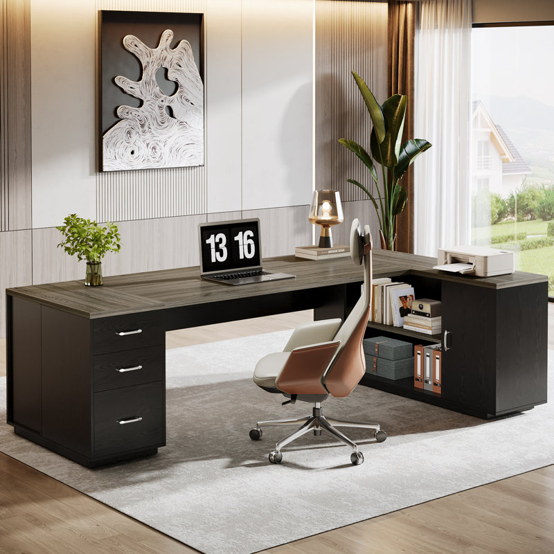 85.8" L-Shaped Executive Desk, Gray/Black