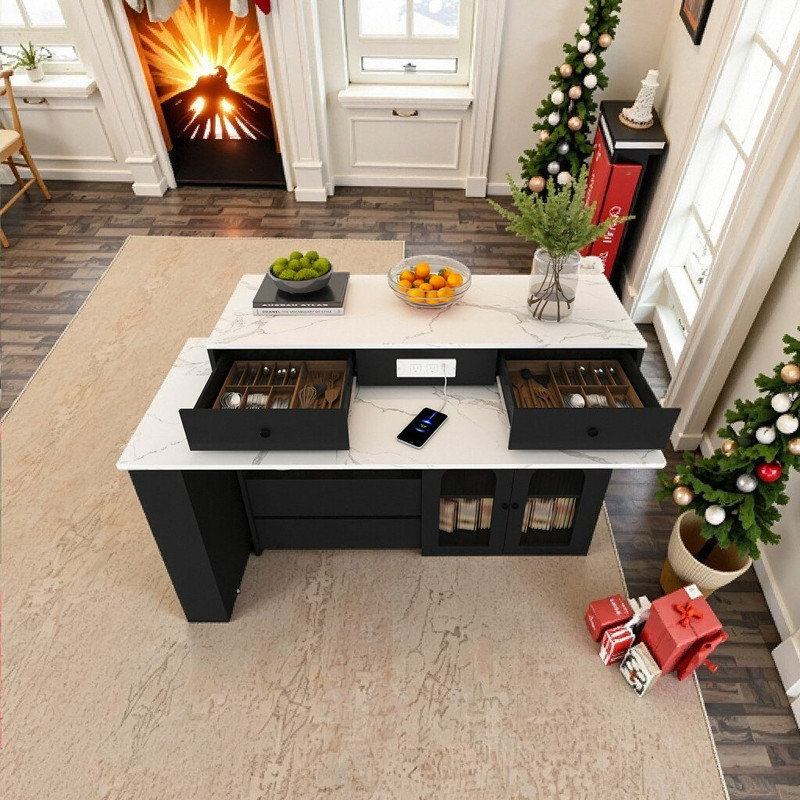 47-Inch Expandable Rotating Kitchen Island With 4 Drawers, Glass Door Cabinets And Built-In Outlet, Black