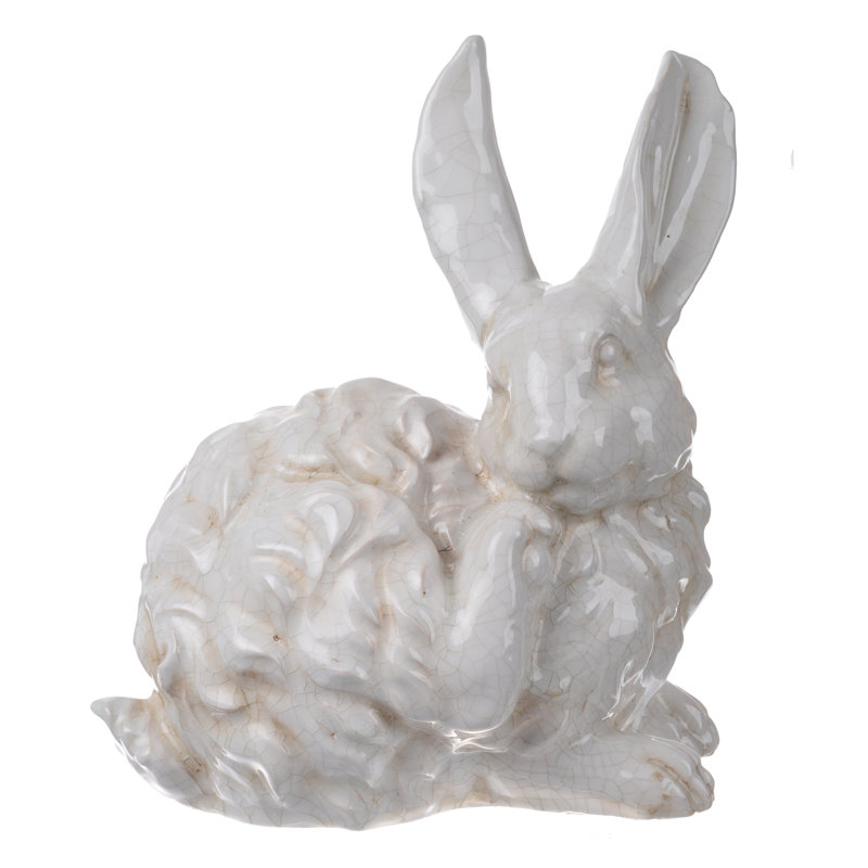 Figurine de lapin 12 po en céramique blanche avec glacis craquelé, statue de lapin décorative avec fourrure texturée pour manteau de cheminée, table, bibliothèque ou bureau