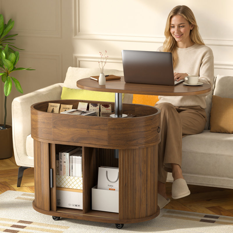 Table basse ovale relevable de 71 cm de large avec rangement et roulettes, Walnut