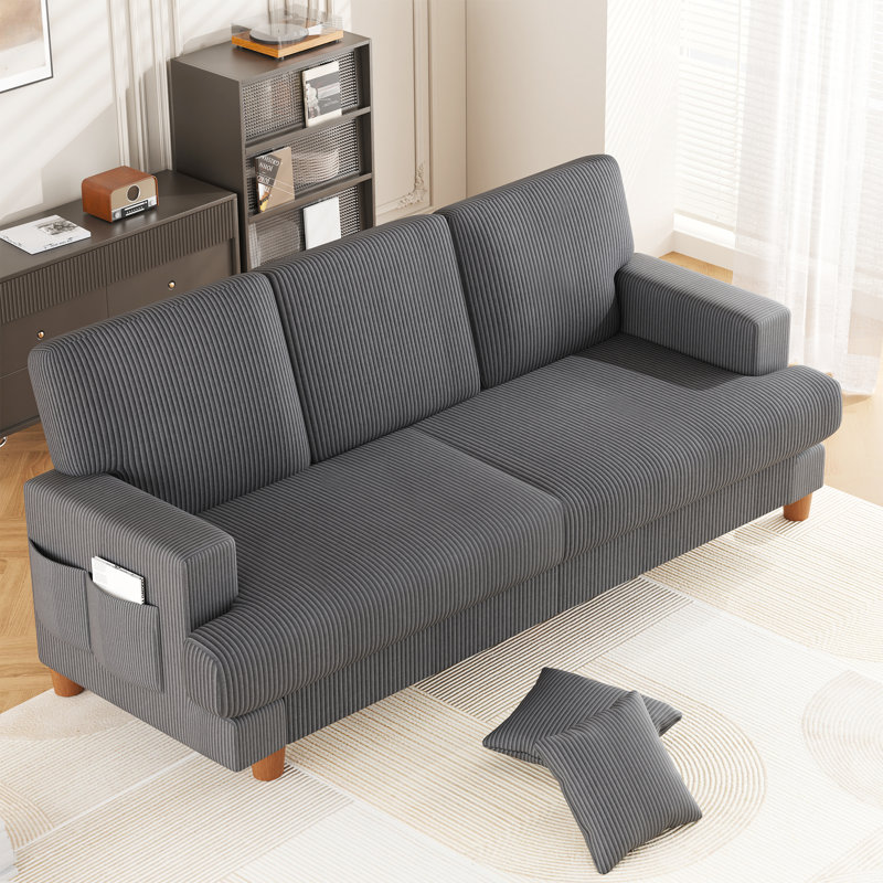 220cm Corduroy Sofa with 3 Seats, No Tool Assembly,Solid Wood Frame and Solid Wood Legs, Grey