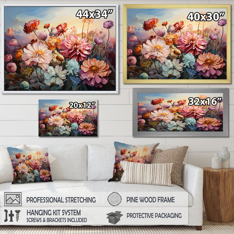 " Zinnias Country Charm II ", Natural Floater Framed, 24" H x 32" W