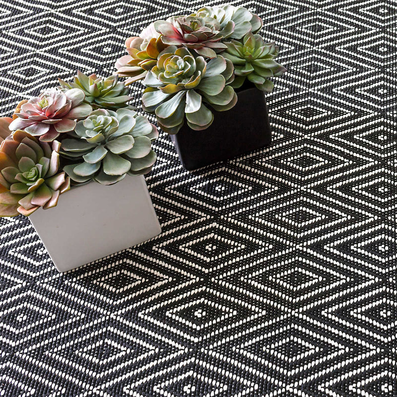 Diamond Flatweave Geometric Area Rug, Black/Ivory, Runner 2'6" x 12'