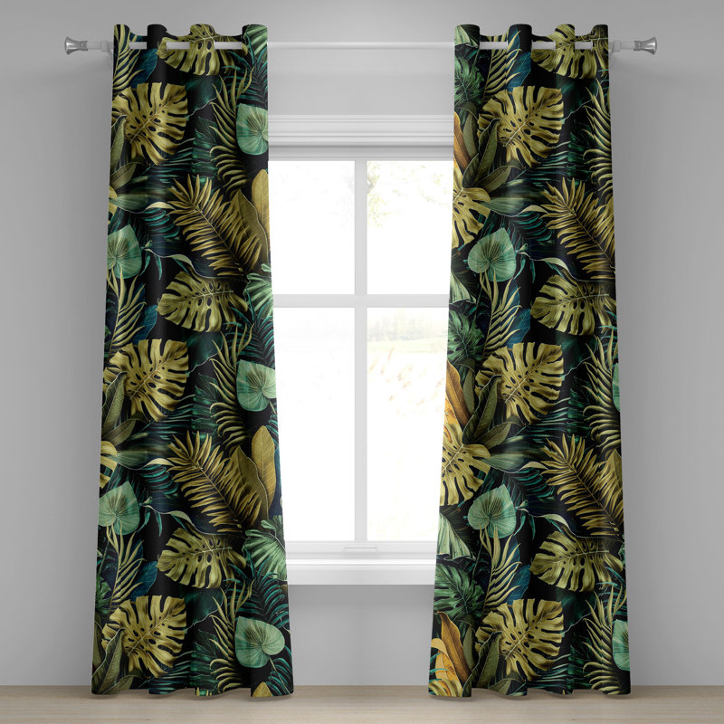 Bay Isle Home™ Tropical Grommet Curtain Art Exotic Monstera Leaves 50" x 108" Dark Teal Olive Green, 50" W x 84" L