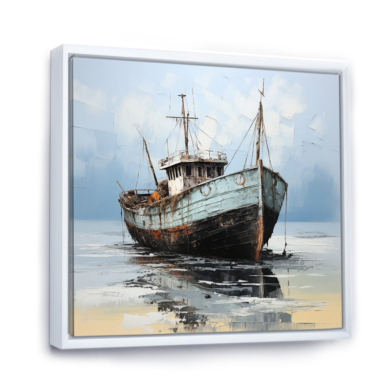 Bateau de pêche bleu et blanc sur toile, H 16 po x l 16 po x P 1 po, Cadre flottant blanc