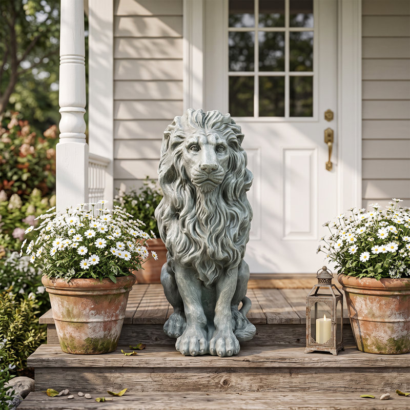 Statue de lion en oxyde de magnésium assis, lion résistant aux intempéries, 14,76 x 10,23 x 21,25 po, oxyde de magnésium, 1 pièce, statue, vert grisâtre