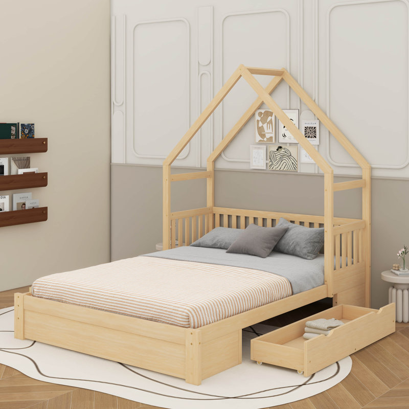 Wood Queen Size House Platform Bed With Guardrail And 2 Drawers, Natural