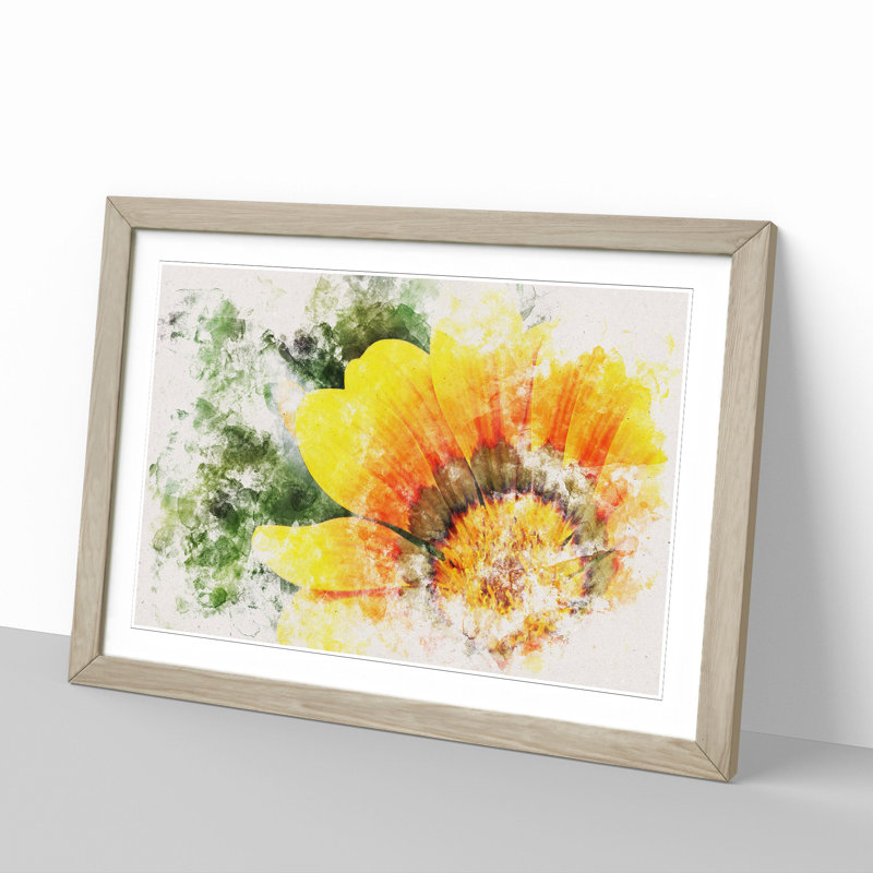 Bright Yellow Flower Watercolour - Framed Print, 36cm H x 48cm W x 2cm D, Oak