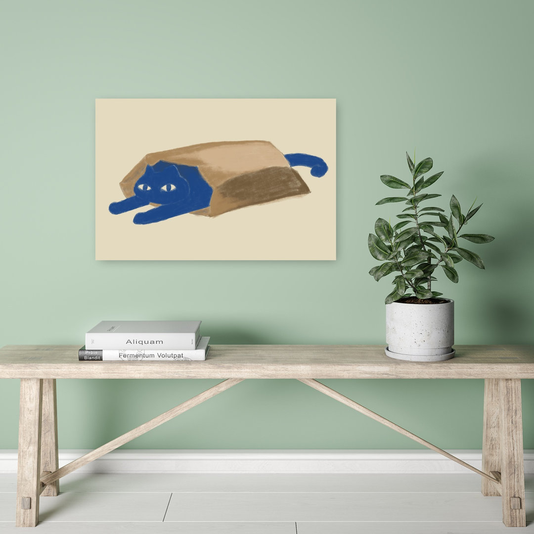 Blue Cat In A Bag Playful Whimsical Contemporary Cat Wall Art Print