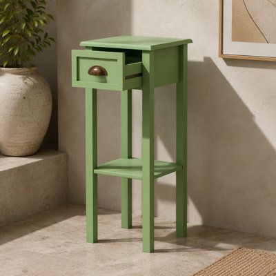 Table d'appoint étroite pour petits espaces avec tiroir et tablette inférieure, gris-vert