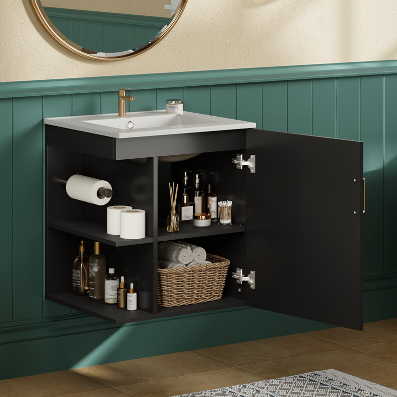  20 Inch Wall Mounted Bathroom Vanity & Side Cabinet Combo, Floating Storage Station with Sink, Black, Black