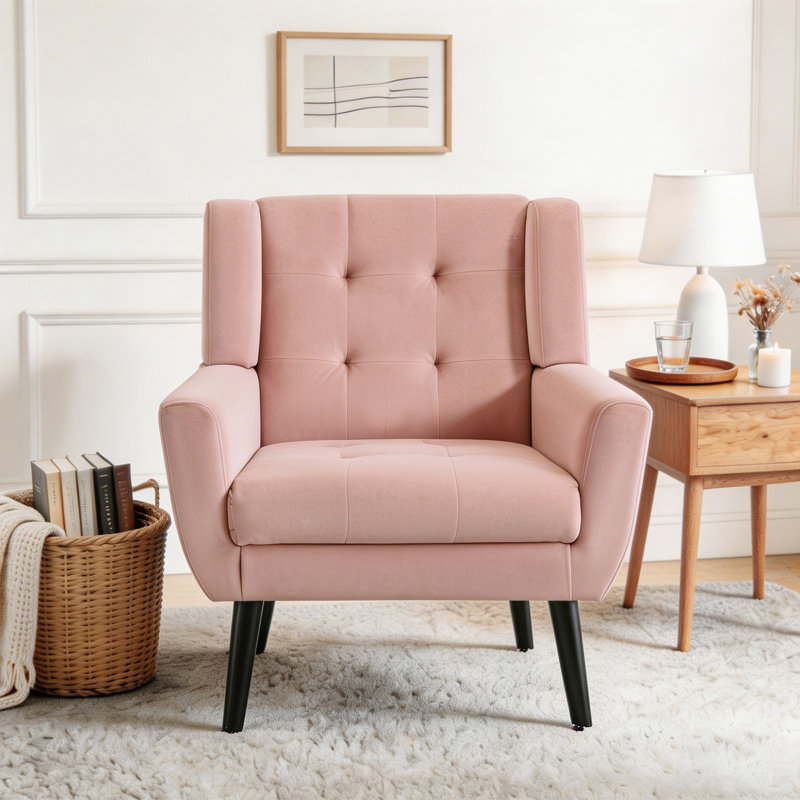 Bolanle 30" W Tufted Wide Back Accent Armchair, Skin Pink Velvet